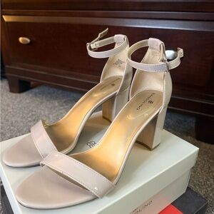 Bandolino Blush Patent Block Heel Ankle Strap Sandals
